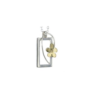 Burren Collection Silver Rectangular Pendant with Yellow Gold Burren Flower