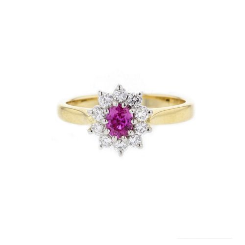Dress Rings 18ct. Yellow Gold Pink Sapphire Diamond Cluster Ring