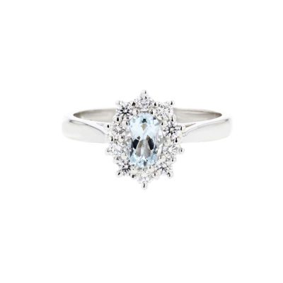 Diamond Rings Platinum Aquamarine Cluster