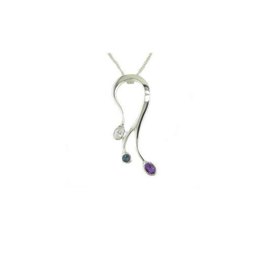 Jewellery Sterling Silver Pendant Set with 3 Stones CZ, Blue Topaz and Amethyst