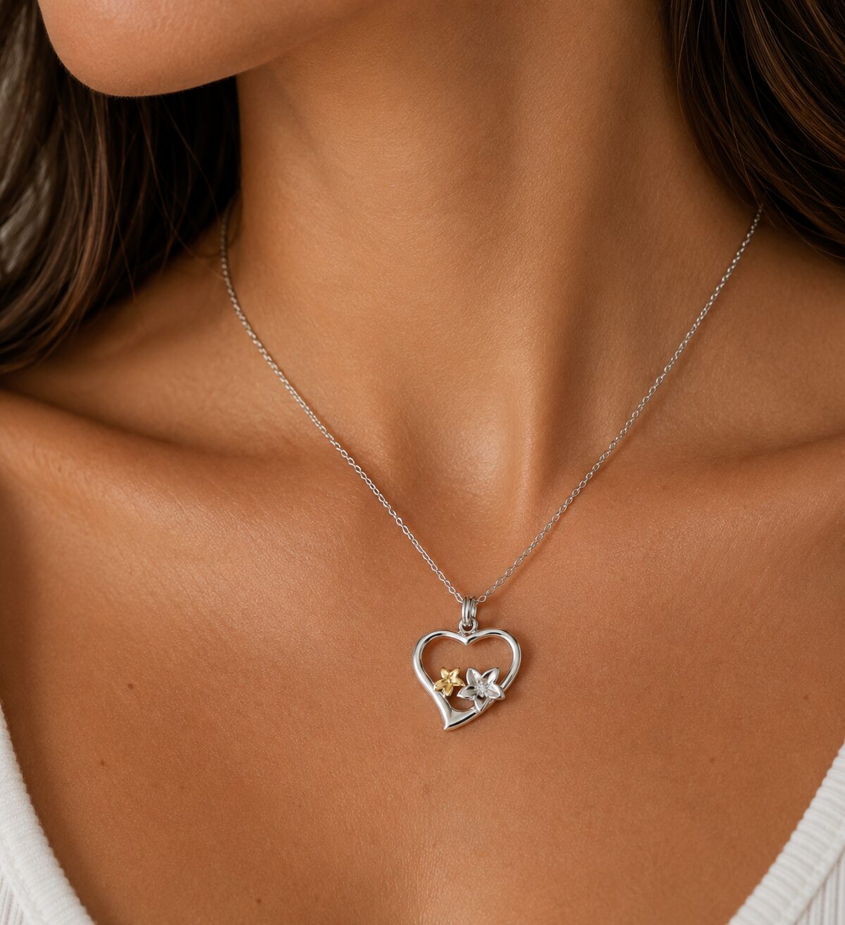 Sterling Silver Heart Pendant with Silver and Gold Burren Flowers Burren Collection Sterling Silver Heart Pendant with Silver and Gold Burren Flowers