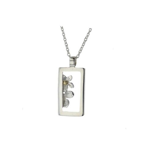 Burren Collection Sterling Silver Rectangular Pendant, Peeping Flowers with Gold Bead