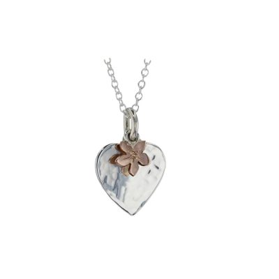 Burren Collection Hammered Silver Heart Pendant with Rose Gold Flower