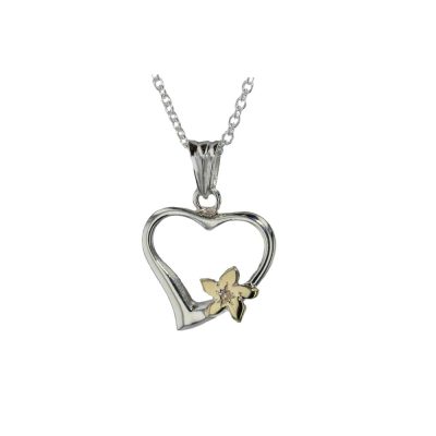 Burren Silver Pendants Sterling Silver Burren Heart with 9ct Yellow Gold Flower