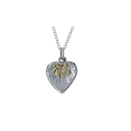 Burren Silver Pendants Hammered Silver Heart Pendant with Yellow Gold Flower