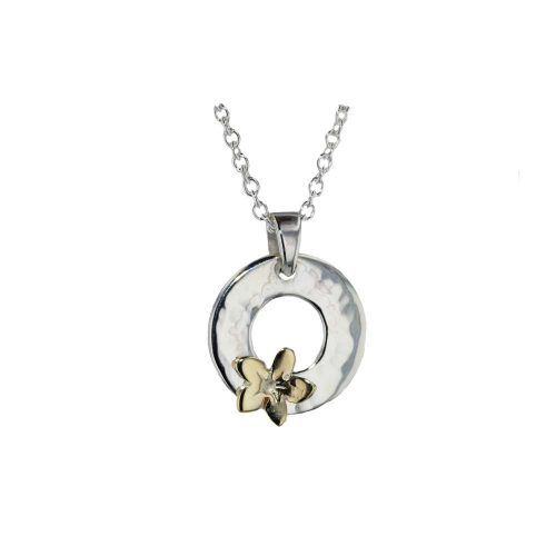 Burren Silver Pendants Sterling Silver Hammered Pendant with 9ct Yellow Gold Flower