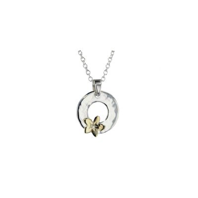 Burren Collection Sterling Silver Hammered Pendant with 9ct Yellow Gold Flower