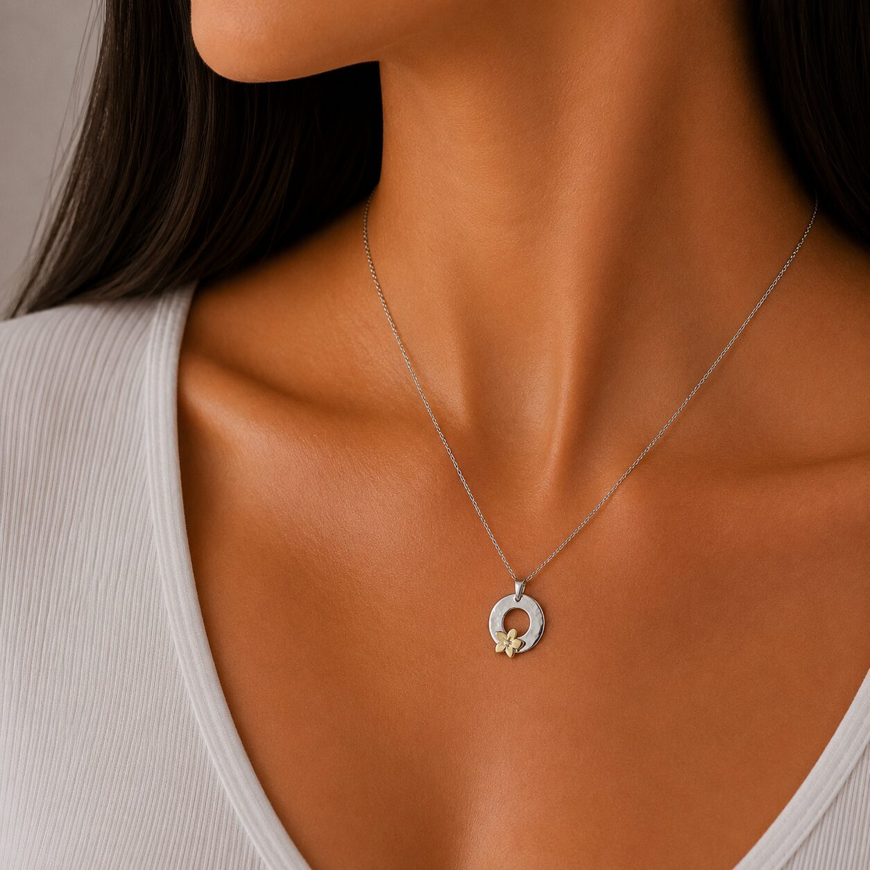 Sterling Silver Hammered Pendant with 9ct Yellow Gold Flower Burren Collection Sterling Silver Hammered Pendant with 9ct Yellow Gold Flower
