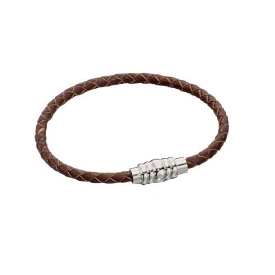 Gents Jewellery Narrow Brown Leather Braided Bracelet with Magnetic Clasp