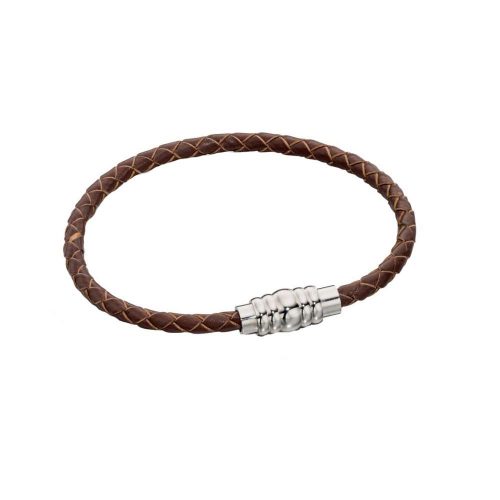 Jewellery Narrow Brown Leather Braided Bracelet with Magnetic Clasp