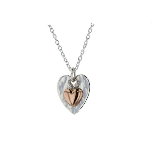Jewellery Hammered Silver Heart Pendant with Rose Gold Heart