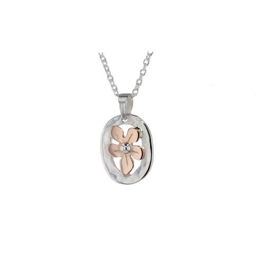 Burren Collection Oval Sterling Silver Pendant with Rose Gold Burren Flower