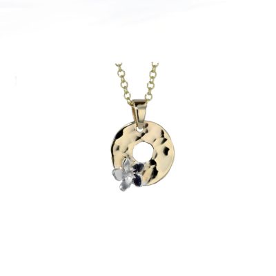 Burren Collection Hammered Finish 9ct Gold Pendant with 9ct White Gold Burren Flower