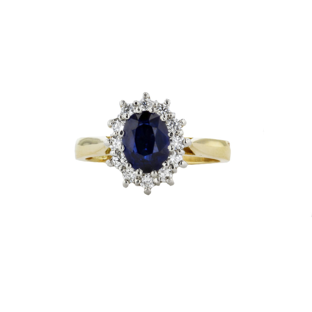 2.01ct Oval Blue Sapphire & Diamond Cluster Ring, 18ct Yellow Gold Cluster 2.01ct Oval Blue Sapphire & Diamond Cluster Ring, 18ct Yellow Gold